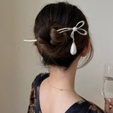 Golden Pearl Bowknot Hairpin Punk Girls Hair Bun Chopsticks