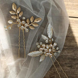 Pearl Crystal Bridal Hair Pin Enamel Leaf Hair Accessory