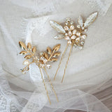 Pearl Crystal Bridal Hair Pin Enamel Leaf Hair Accessory