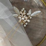 Pearl Crystal Bridal Hair Pin Enamel Leaf Hair Accessory