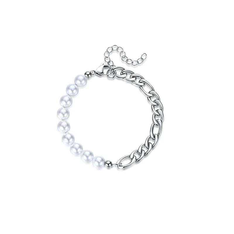 Pearl Cuban Chain Bracelet Girl Women Adjustable Charm Kpop Stainless Steel