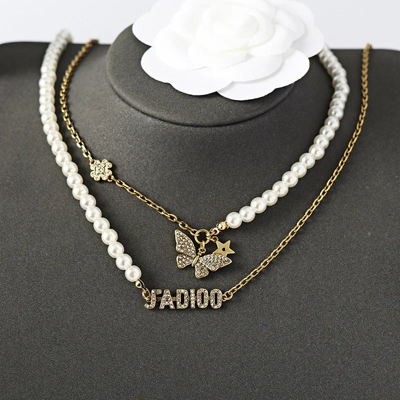 Pearl Double Layer Necklace with Star Butterfly Pendant