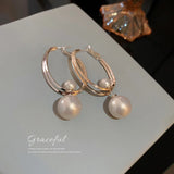 Pearl Drop Double Circle Ring Hoop Earrings - Fine Ladies Summer Jewelry