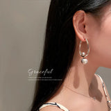 Pearl Drop Double Circle Ring Hoop Earrings - Fine Ladies Summer Jewelry