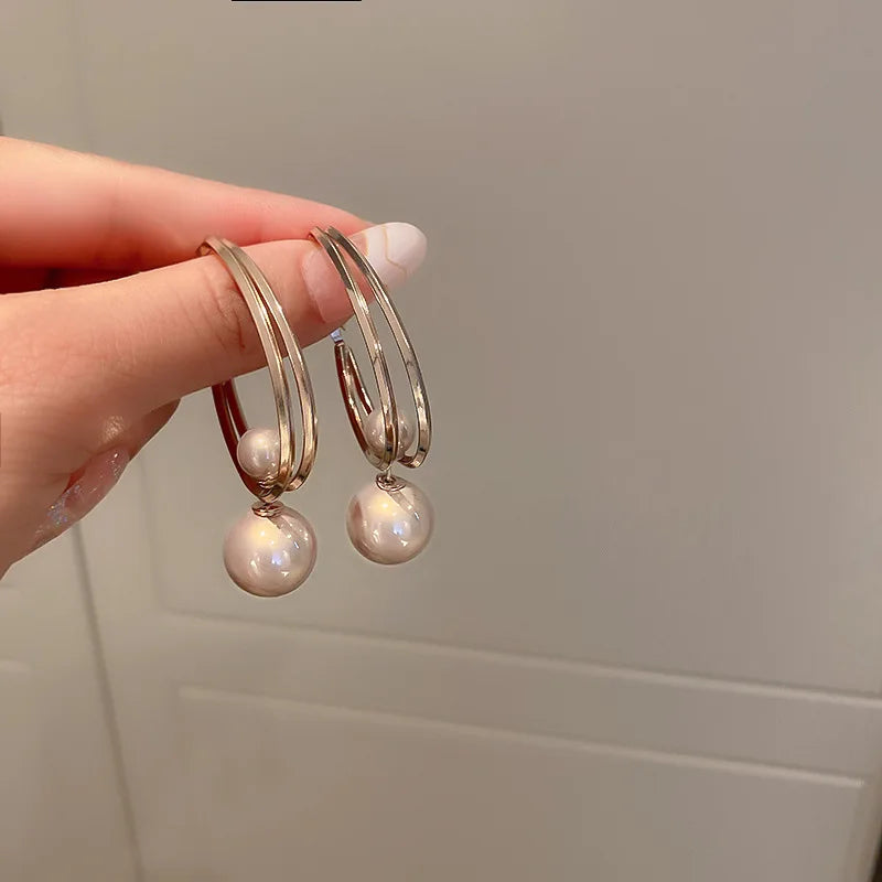 Pearl Drop Double Circle Ring Hoop Earrings - Fine Ladies Summer Jewelry