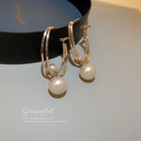 Pearl Drop Double Circle Ring Hoop Earrings - Fine Ladies Summer Jewelry