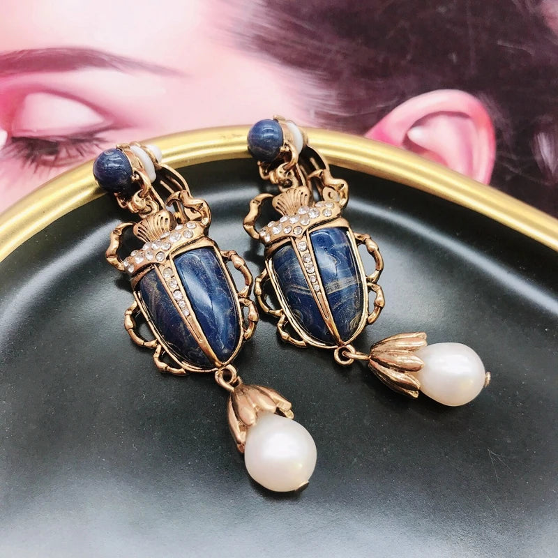 Pearl Drop Insect Clip Earrings Vintage Retro Jewelry