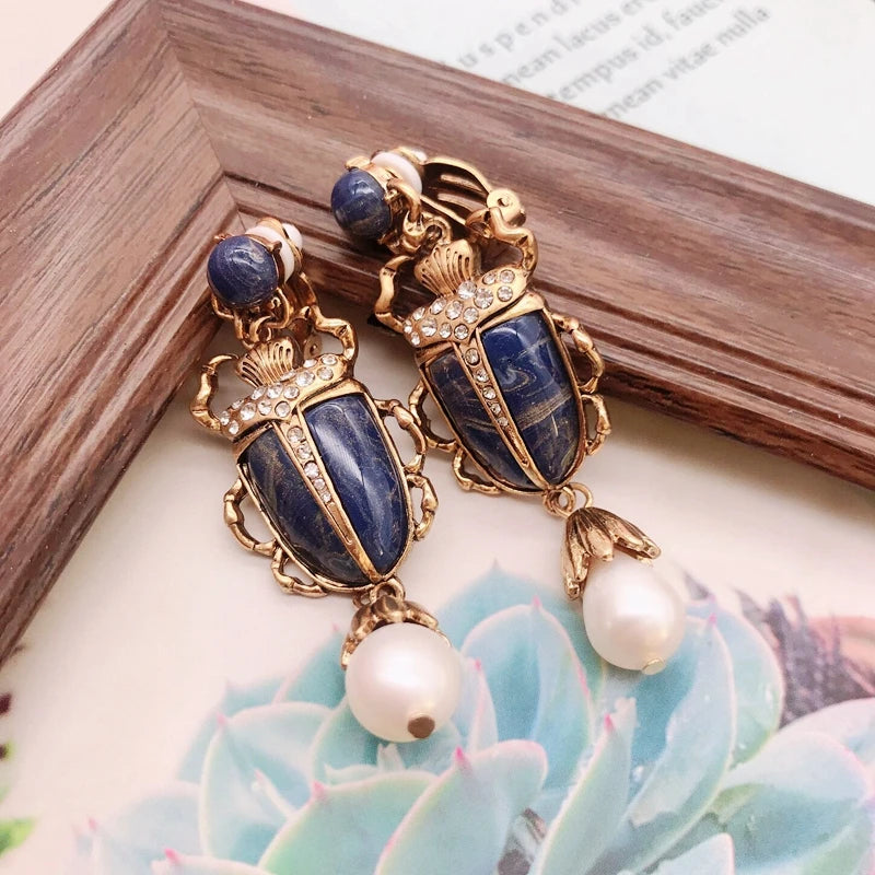 Pearl Drop Insect Clip Earrings Vintage Retro Jewelry