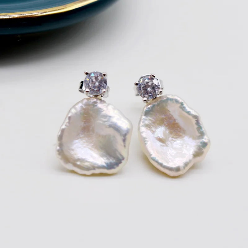 Baroque Pearl Silver Stud Earrings Natural Zirconia Women Flat Stud Earrings