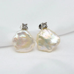 Baroque Pearl Silver Stud Earrings Natural Zirconia Women Flat Stud Earrings