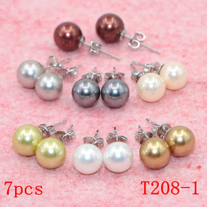 Multicolor Shell Pearl Stud Earrings Set - 7 Pairs 8mm, Women's Jewelry Gift