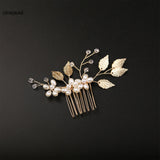 Pearl Flower Hairpin Side Comb Golden Leaf Shaped Alloy Tiaras