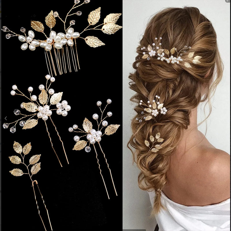 Pearl Flower Hairpin Side Comb Golden Leaf Shaped Alloy Tiaras