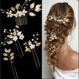 Pearl Flower Hairpin Side Comb Golden Leaf Shaped Alloy Tiaras