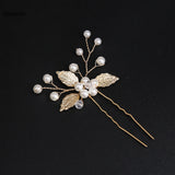 Pearl Flower Hairpin Side Comb Golden Leaf Shaped Alloy Tiaras