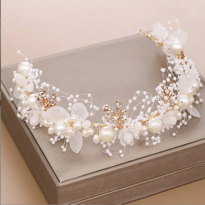 Pearl Flower Headband Bridal Headdress Wedding Crown