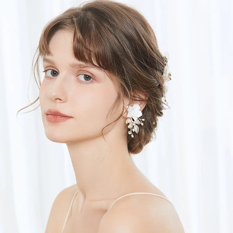 Pearl Hair Jewelry Bridal Comb Porcelain Flower Wedding Accessories Leaf