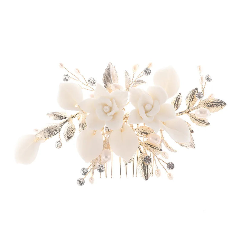 Pearl Hair Jewelry Bridal Comb Porcelain Flower Wedding Accessories Leaf
