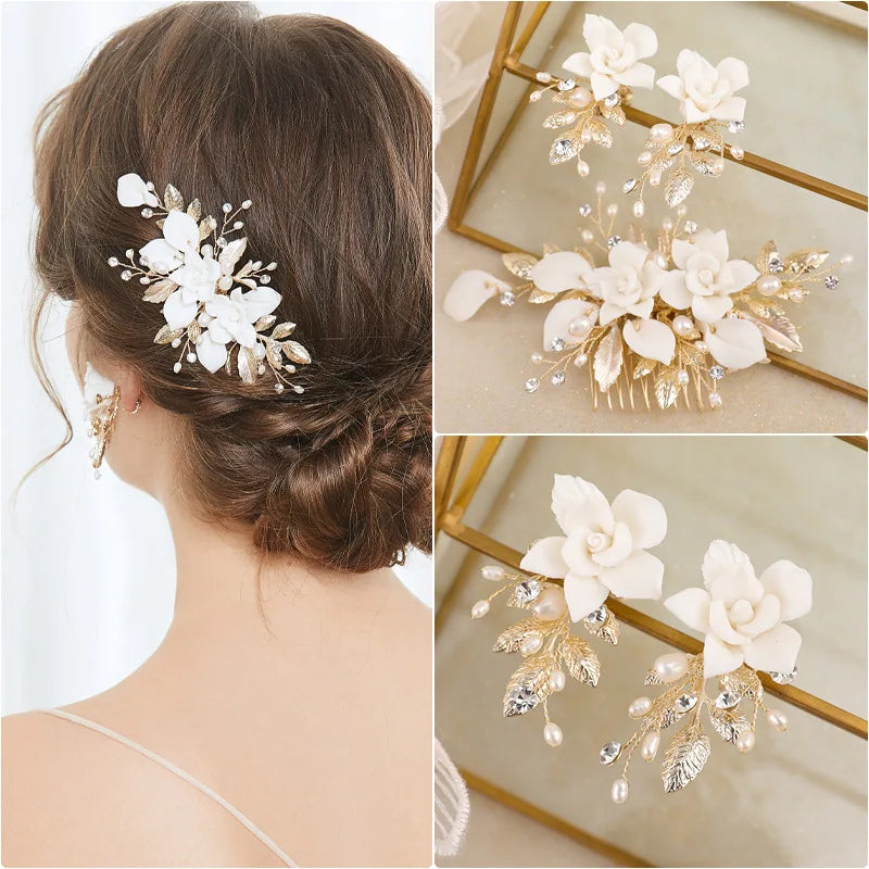 Pearl Hair Jewelry Bridal Comb Porcelain Flower Wedding Accessories Leaf