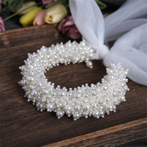 Pearl Hairband Ribbon Fairy Wedding Tiaras Headpiece Beaded Girls Party