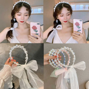 Pearl Hairbands Fabric Ribbon Headband Hoops Bow Wedding Bridal Headwear Bands