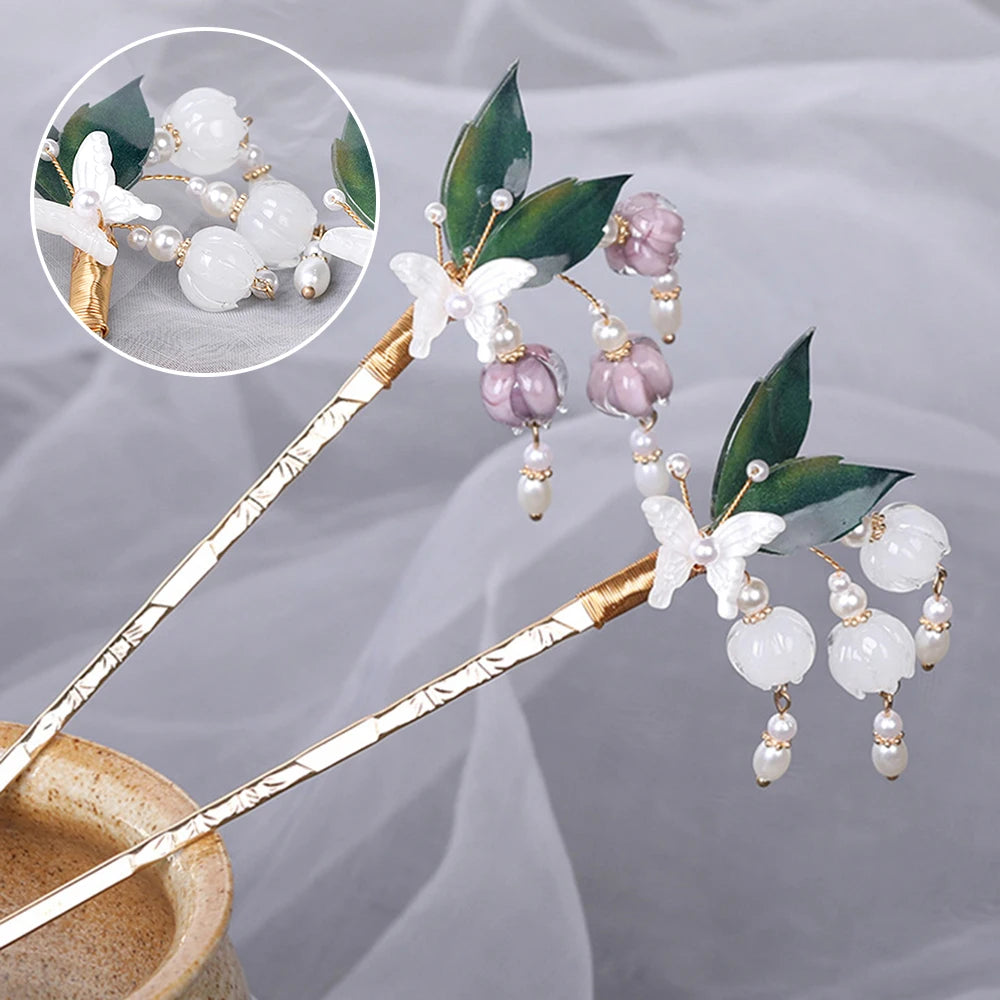 Vintage Rhinestone Leaf Hairpins Hanfu Accessories
