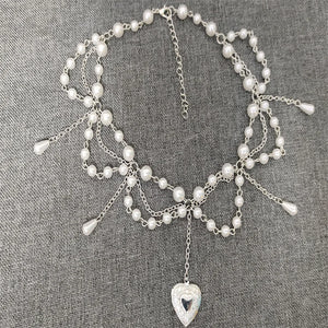 Pearl Heart Locket Layered Necklace Y2K Victorian Cosplay Jewelry