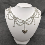 Pearl Heart Locket Layered Necklace Y2K Victorian Cosplay Jewelry