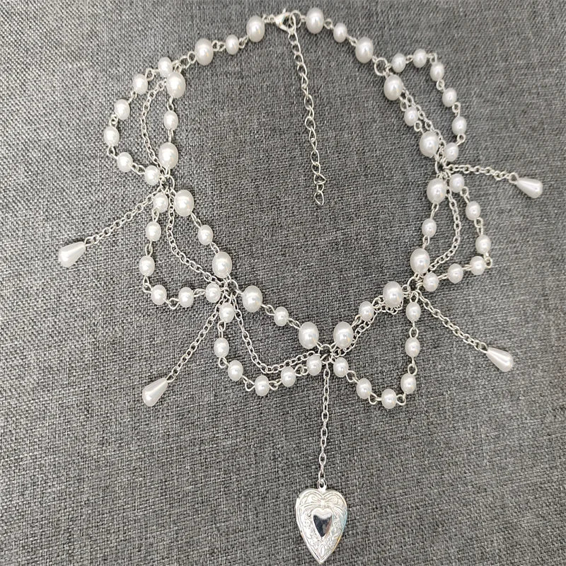 Pearl Heart Locket Layered Necklace Y2K Victorian Cosplay Jewelry