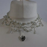Pearl Heart Locket Layered Necklace Y2K Victorian Cosplay Jewelry
