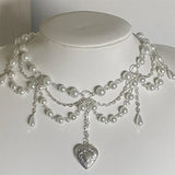 Pearl Heart Locket Layered Necklace Y2K Victorian Cosplay Jewelry