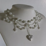 Pearl Heart Locket Layered Necklace Y2K Victorian Cosplay Jewelry