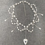 Pearl Heart Locket Layered Necklace Y2K Victorian Cosplay Jewelry