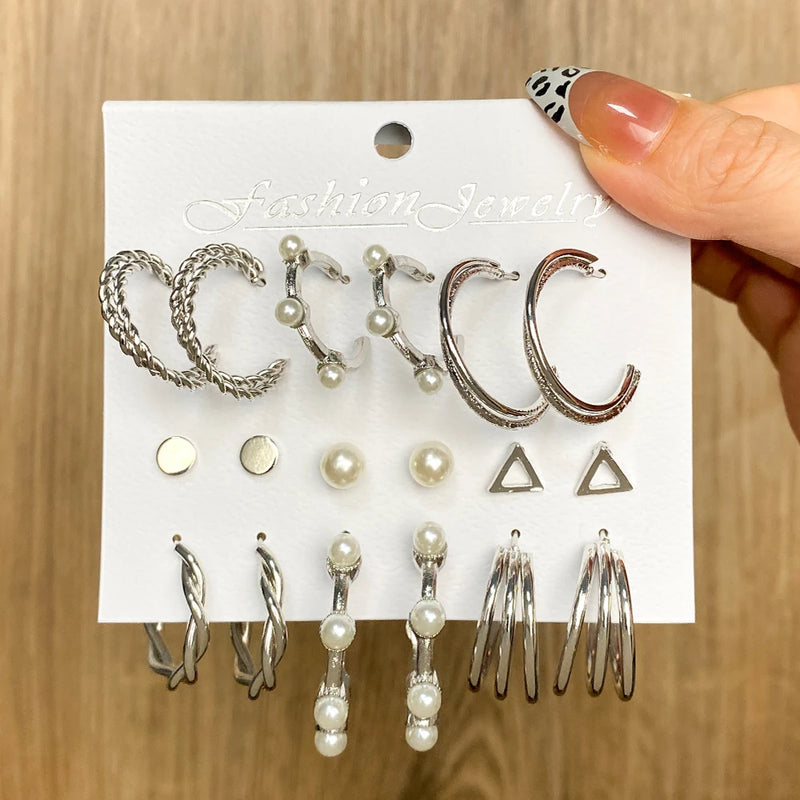 Geometric Silver Butterfly Circle Hoop Earrings Set for Women
