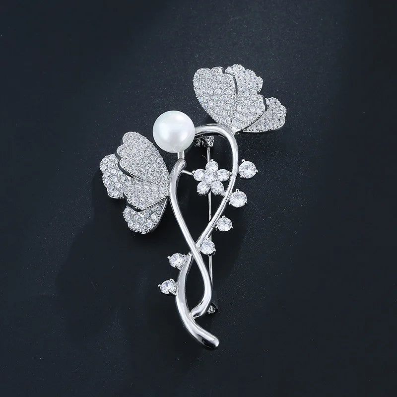 S925 Silver Flower Brooch for Women Fine Diamond Jewelry Christmas Pin