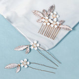 Pearl Leaf Flower Hair Comb Pin Set For Women Bridal Wedding Hair Accessories