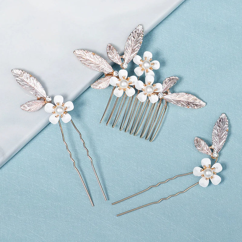 Pearl Leaf Flower Hair Comb Pin Set For Women Bridal Wedding Hair Accessories