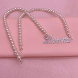 Diamond Initial Pearl Name Necklace Personalized Stainless Steel Choker