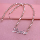Diamond Initial Pearl Name Necklace Personalized Stainless Steel Choker