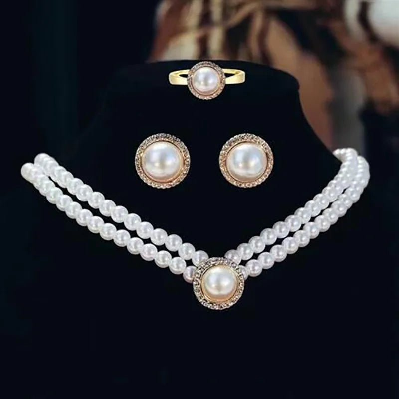 Pearl Necklace Earrings Ring Sets Wedding Jewelry Sets Bride Jewelry Set
