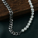 Men's Pearl Chain Necklace Cuban Link Stainless Steel Jewelry