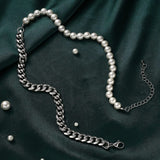Men's Pearl Chain Necklace Cuban Link Stainless Steel Jewelry