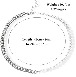 Men's Pearl Chain Necklace Cuban Link Stainless Steel Jewelry