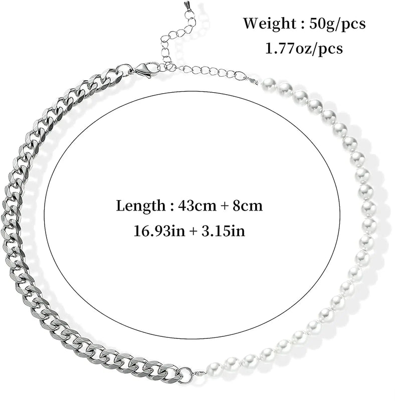Men's Pearl Chain Necklace Cuban Link Stainless Steel Jewelry