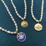 Pearl Pendant Necklace with Eye Charms, CZ Copper Party Jewelry
