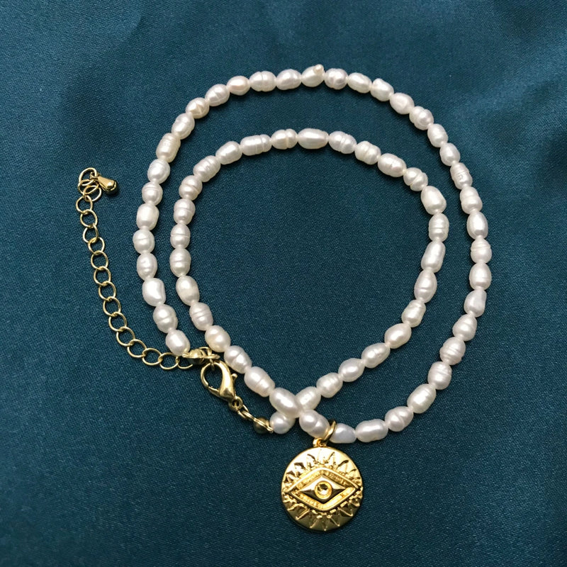 Pearl Pendant Necklace with Eye Charms, CZ Copper Party Jewelry