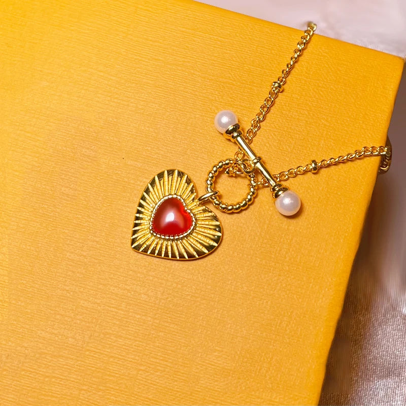 Pearl Red Agate 925 Silver Love Necklace Heart Choker Gift