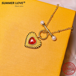 Pearl Red Agate 925 Silver Love Necklace Heart Choker Gift