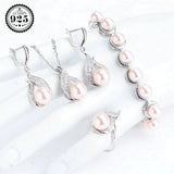 Pearl Silver 925 Jewelry Set Wedding Bracelet Rings Bridal Earrings CZ Pendants