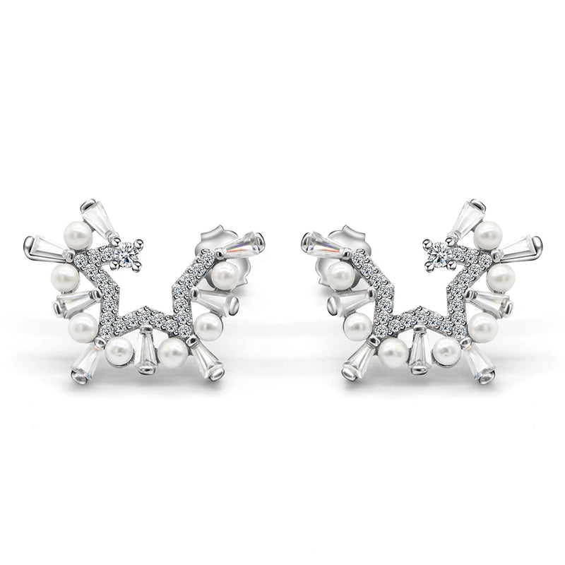 925 Silver Pearl Stud Earrings Half Star Zircon Women Gift